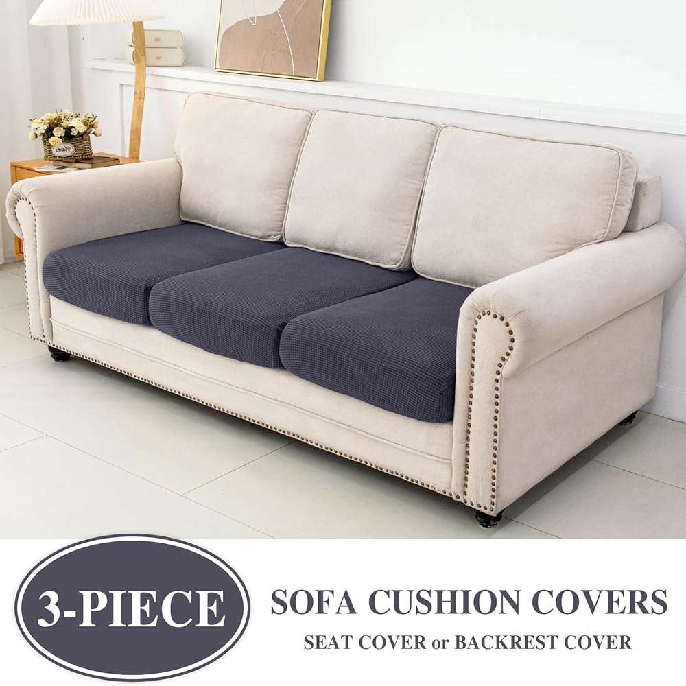 LA MEACK Couch Cushion Covers Seat Cushion Cover Stretch Couch Cover Separate Sectional Sofa Slipcovers Furniture Protector(3 Pieces for Seat or Sofa Backrest, Dark Grey) - Image 3