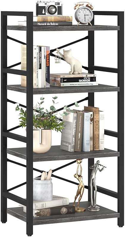 Yoobure 4 Tier Bookshelf - Small Book Shelf Industrial Bookcase, Narrow Book Case Book Storage Organizer for CD/Movie/Book, Bookshelves for Bedroom Office Living Room Charcoal Gray - Image 1