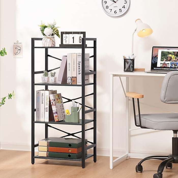 Yoobure 4 Tier Bookshelf - Small Book Shelf Industrial Bookcase, Narrow Book Case Book Storage Organizer for CD/Movie/Book, Bookshelves for Bedroom Office Living Room Charcoal Gray - Image 2
