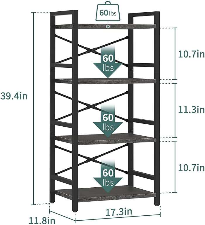Yoobure 4 Tier Bookshelf - Small Book Shelf Industrial Bookcase, Narrow Book Case Book Storage Organizer for CD/Movie/Book, Bookshelves for Bedroom Office Living Room Charcoal Gray - Image 3