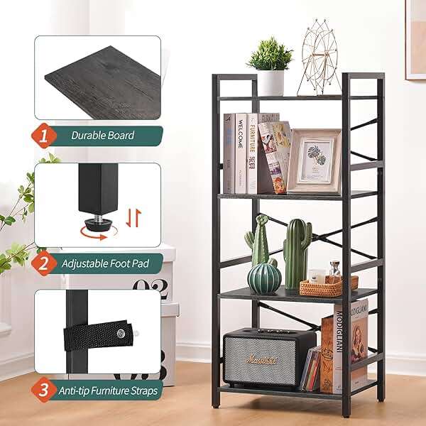 Yoobure 4 Tier Bookshelf - Small Book Shelf Industrial Bookcase, Narrow Book Case Book Storage Organizer for CD/Movie/Book, Bookshelves for Bedroom Office Living Room Charcoal Gray - Image 4