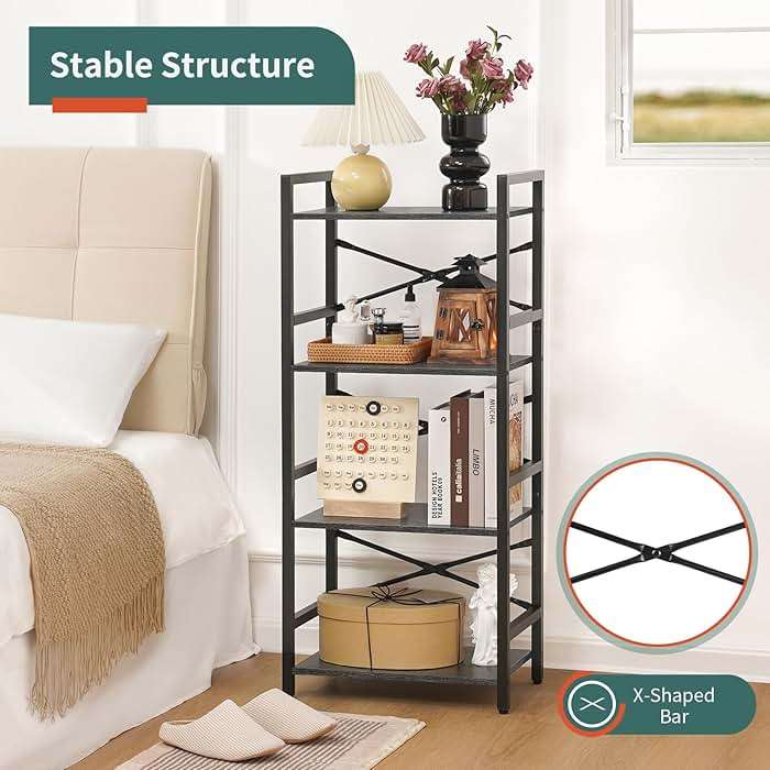 Yoobure 4 Tier Bookshelf - Small Book Shelf Industrial Bookcase, Narrow Book Case Book Storage Organizer for CD/Movie/Book, Bookshelves for Bedroom Office Living Room Charcoal Gray - Image 5
