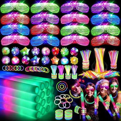 OLUPP 150 PCS Glow in the Dark Party Supplies, 16 Foam Sticks, 16 LED Glasses, 100 Glow Sticks and 18 Finger Lights for Neon Party, Wedding, Birthday, Concert, New Year, Carnivals, Raves - Image 1