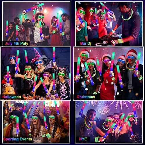 OLUPP 150 PCS Glow in the Dark Party Supplies, 16 Foam Sticks, 16 LED Glasses, 100 Glow Sticks and 18 Finger Lights for Neon Party, Wedding, Birthday, Concert, New Year, Carnivals, Raves - Image 4