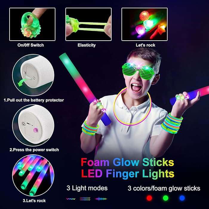OLUPP 150 PCS Glow in the Dark Party Supplies, 16 Foam Sticks, 16 LED Glasses, 100 Glow Sticks and 18 Finger Lights for Neon Party, Wedding, Birthday, Concert, New Year, Carnivals, Raves - Image 6