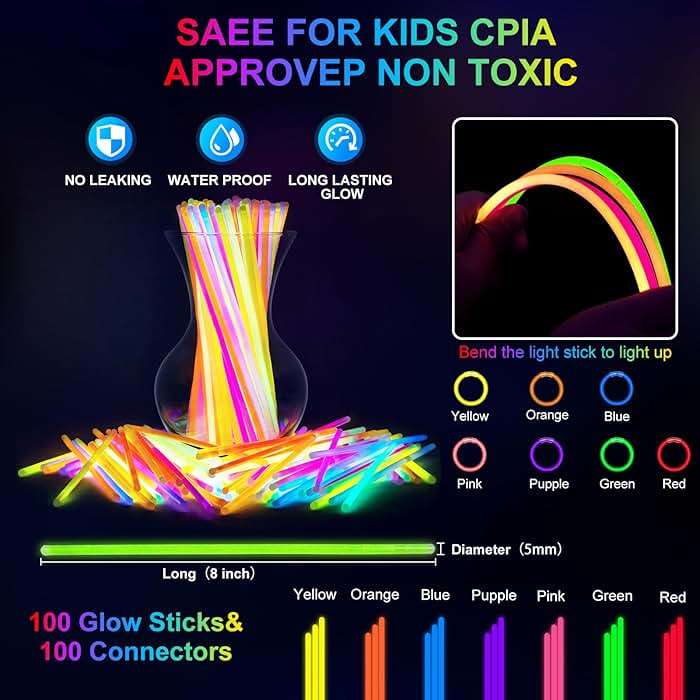 OLUPP 150 PCS Glow in the Dark Party Supplies, 16 Foam Sticks, 16 LED Glasses, 100 Glow Sticks and 18 Finger Lights for Neon Party, Wedding, Birthday, Concert, New Year, Carnivals, Raves - Image 7