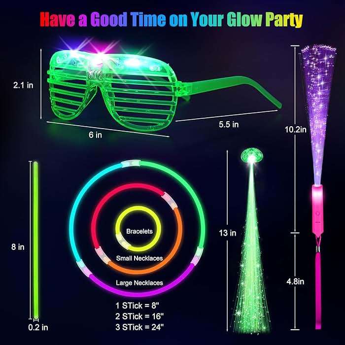 OLUPP 148 PCS Glow in the Dark Party Supplies, 16 Fiber Optic Wands, 14 LED Glasses, 100 Glow Sticks and 18 LED Hair Clips Fiber Optic for Neon Party, Wedding, Birthday, Concert, New Year - Image 2