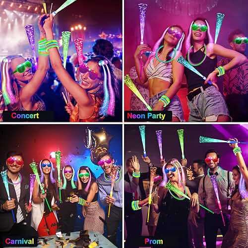 OLUPP 148 PCS Glow in the Dark Party Supplies, 16 Fiber Optic Wands, 14 LED Glasses, 100 Glow Sticks and 18 LED Hair Clips Fiber Optic for Neon Party, Wedding, Birthday, Concert, New Year - Image 4