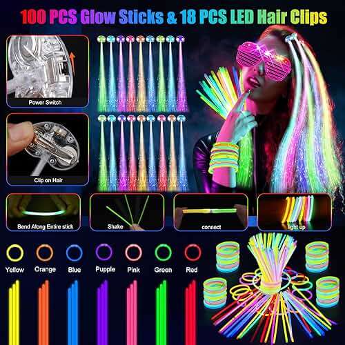 OLUPP 148 PCS Glow in the Dark Party Supplies, 16 Fiber Optic Wands, 14 LED Glasses, 100 Glow Sticks and 18 LED Hair Clips Fiber Optic for Neon Party, Wedding, Birthday, Concert, New Year - Image 6