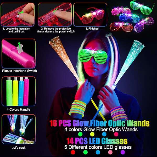 OLUPP 148 PCS Glow in the Dark Party Supplies, 16 Fiber Optic Wands, 14 LED Glasses, 100 Glow Sticks and 18 LED Hair Clips Fiber Optic for Neon Party, Wedding, Birthday, Concert, New Year - Image 7