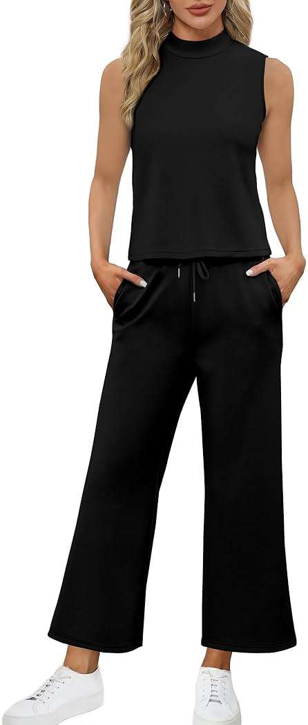 SAMPEEL Two Piece Sets for Women Summer Outfits Lounge Sets Mock Neck Tops Wide Leg Crop Pants Vacation Travel Outfits - Image 3