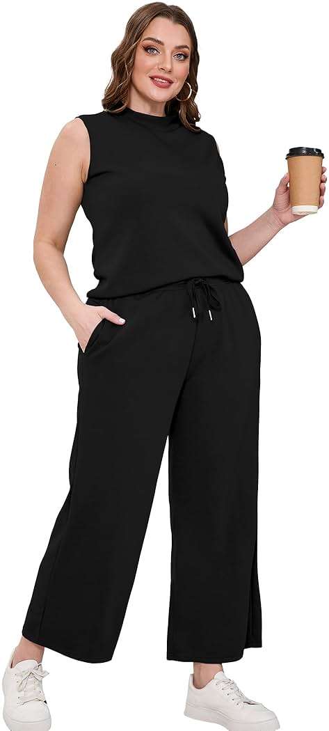 SAMPEEL Two Piece Sets for Women Summer Outfits Lounge Sets Mock Neck Tops Wide Leg Crop Pants Vacation Travel Outfits - Image 4