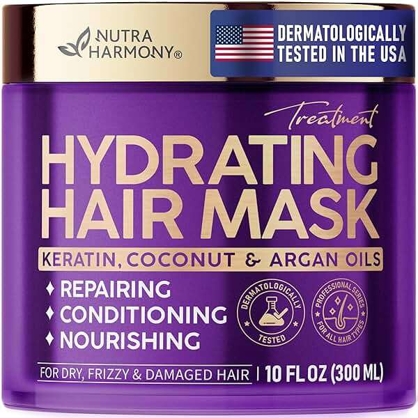 Hydrating Hair Mask - Deep Conditioning Treatment for Dry, Frizzy & Damaged Hair - Keratin Mask with Coconut & Argan Oils, Collagen & Wheat Protein - Smooths, Softens & Controls Frizz, Curl-Safe, 10oz - Image 1