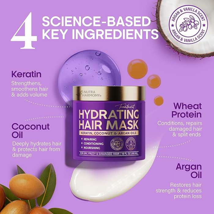 Hydrating Hair Mask - Deep Conditioning Treatment for Dry, Frizzy & Damaged Hair - Keratin Mask with Coconut & Argan Oils, Collagen & Wheat Protein - Smooths, Softens & Controls Frizz, Curl-Safe, 10oz - Image 3