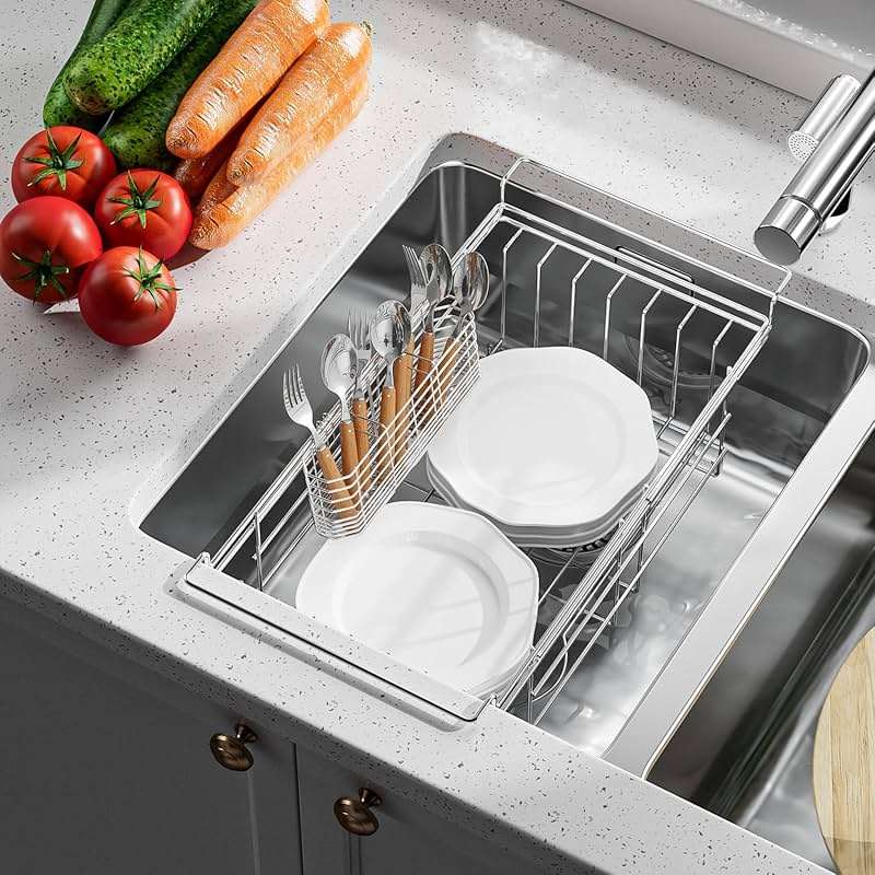 JAQ Utensil Holder for Sink, Sus304 Stainless Steel Rust Free Silverware Cutlery Flatware Holder Rack Organizer with Hooks for Dish Drying Rack Sink Dish Drainer in Kitchen Bathroom - Image 2