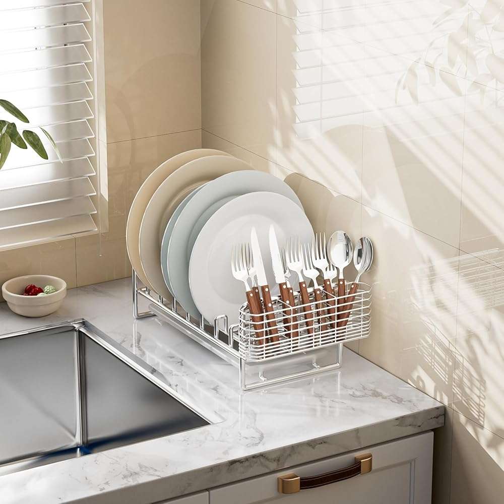 JAQ Utensil Holder for Sink, Sus304 Stainless Steel Rust Free Silverware Cutlery Flatware Holder Rack Organizer with Hooks for Dish Drying Rack Sink Dish Drainer in Kitchen Bathroom - Image 5
