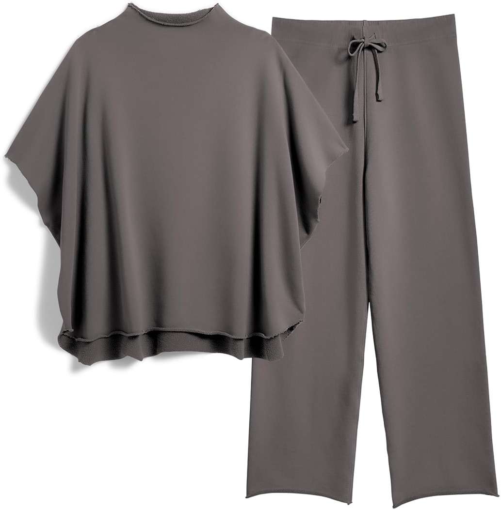 SeeLuNa Women's Two Piece Outfits 3/4 Batwing Sleeve Capelet Crew Neck Pullover Top Wide Leg Pants Lounge Set - Image 1