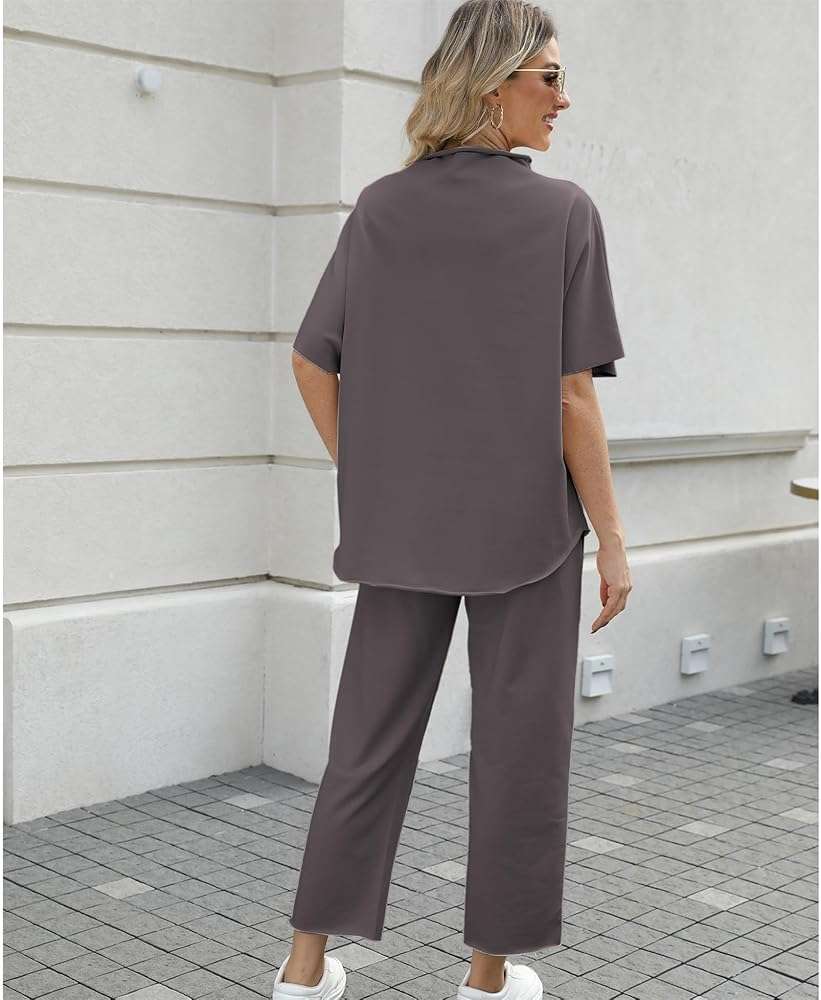 SeeLuNa Women's Two Piece Outfits 3/4 Batwing Sleeve Capelet Crew Neck Pullover Top Wide Leg Pants Lounge Set - Image 2