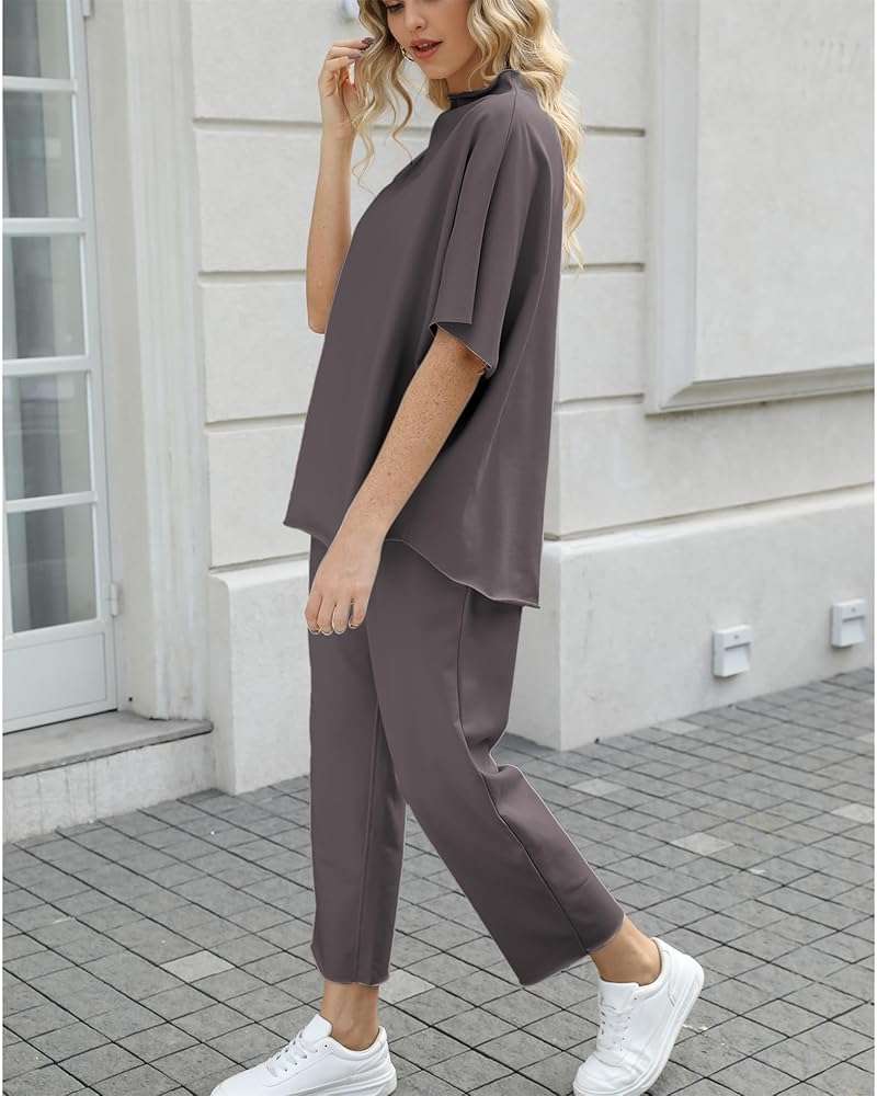 SeeLuNa Women's Two Piece Outfits 3/4 Batwing Sleeve Capelet Crew Neck Pullover Top Wide Leg Pants Lounge Set - Image 3