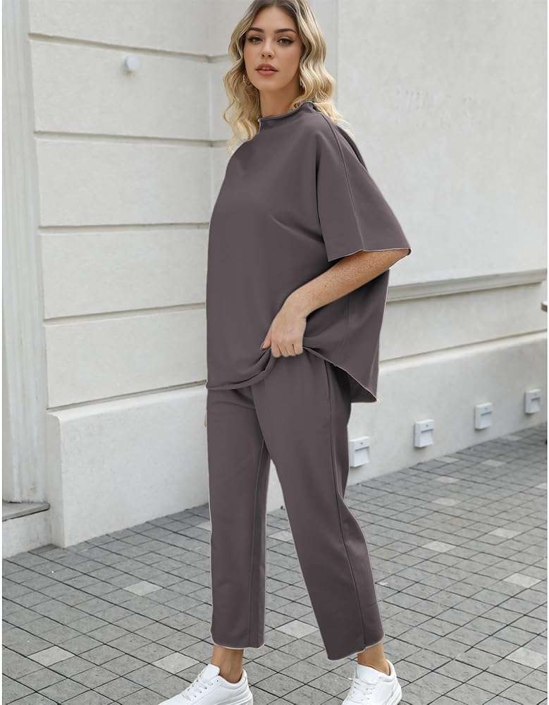 SeeLuNa Women's Two Piece Outfits 3/4 Batwing Sleeve Capelet Crew Neck Pullover Top Wide Leg Pants Lounge Set - Image 4
