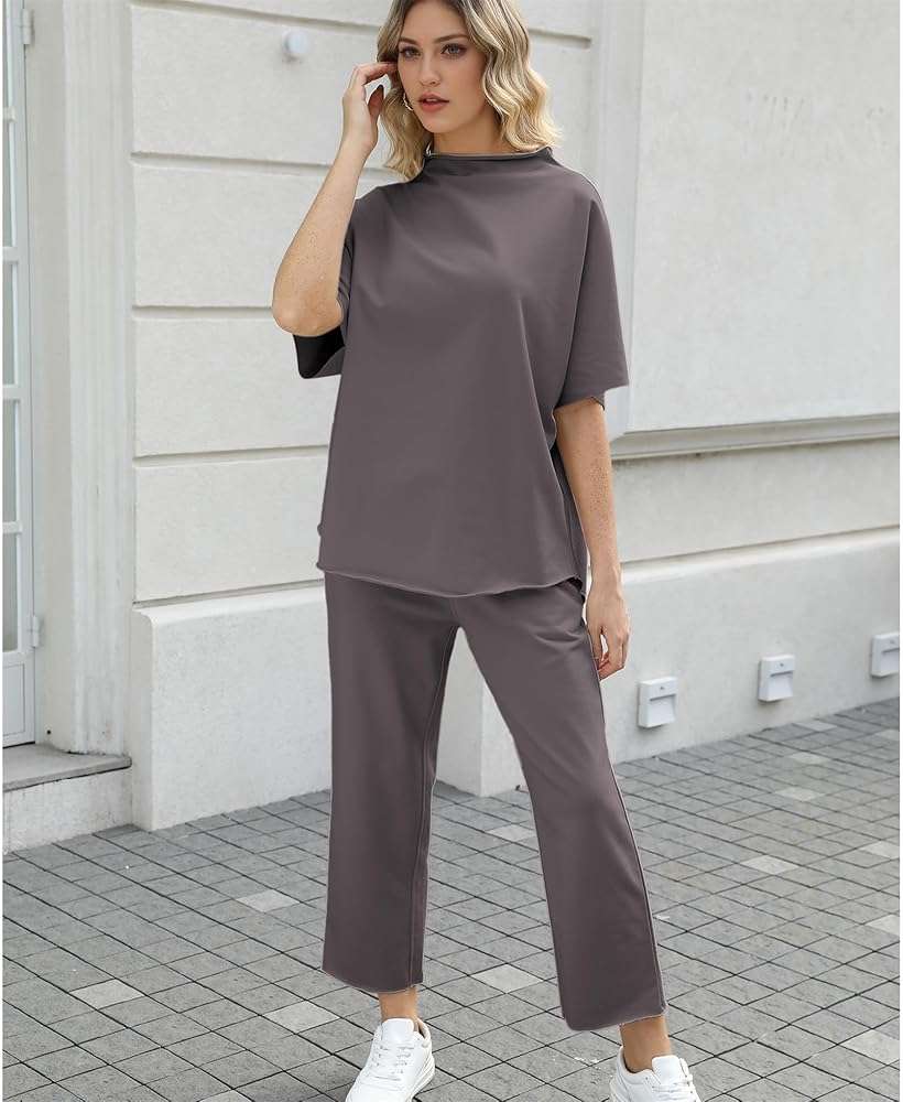SeeLuNa Women's Two Piece Outfits 3/4 Batwing Sleeve Capelet Crew Neck Pullover Top Wide Leg Pants Lounge Set - Image 5