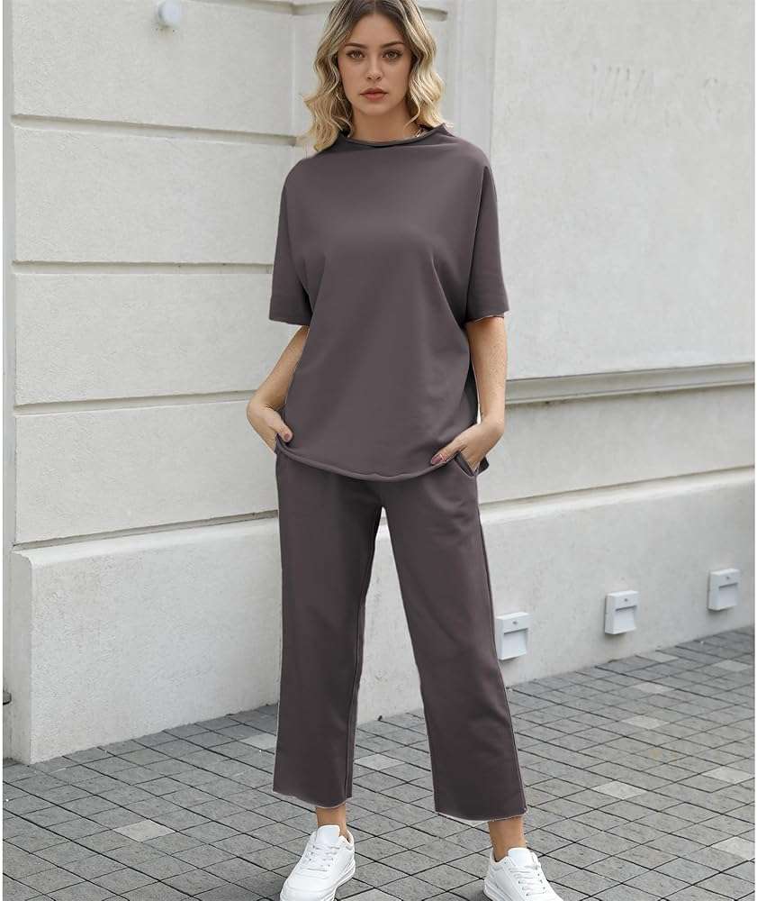 SeeLuNa Women's Two Piece Outfits 3/4 Batwing Sleeve Capelet Crew Neck Pullover Top Wide Leg Pants Lounge Set - Image 6
