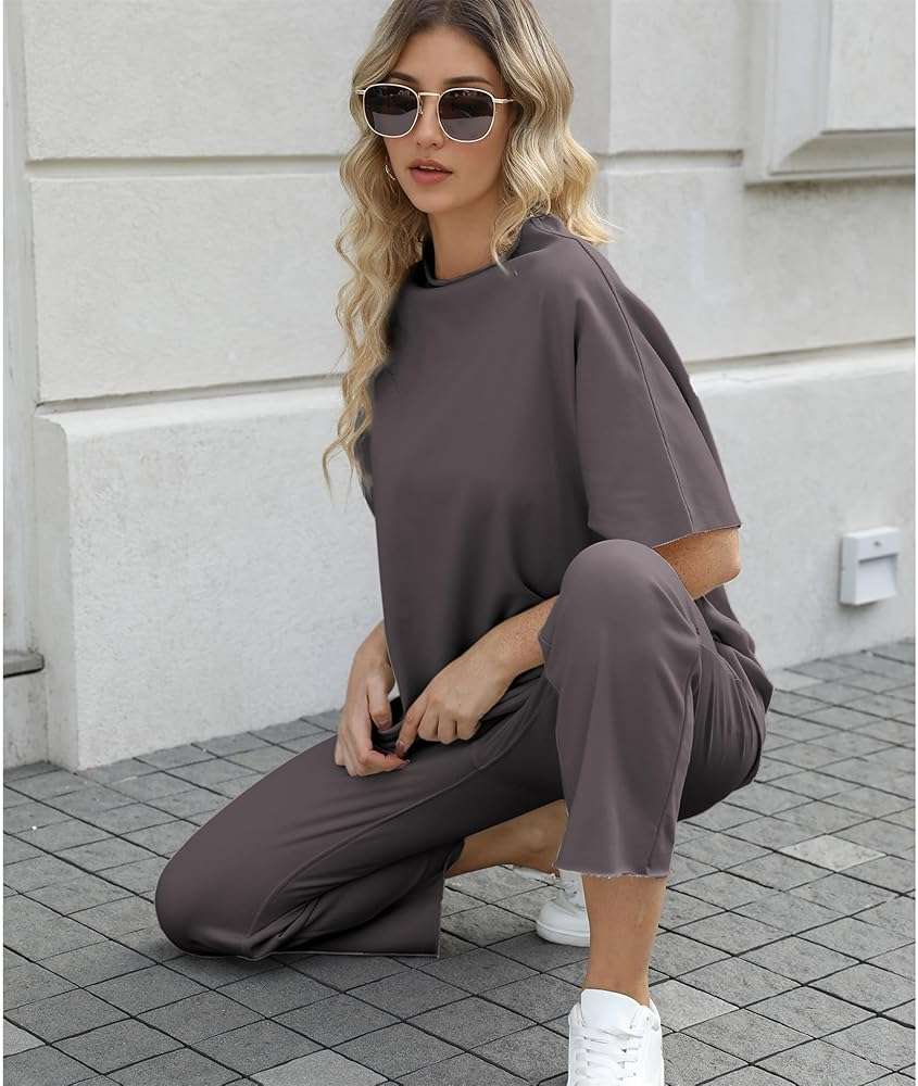 SeeLuNa Women's Two Piece Outfits 3/4 Batwing Sleeve Capelet Crew Neck Pullover Top Wide Leg Pants Lounge Set - Image 7