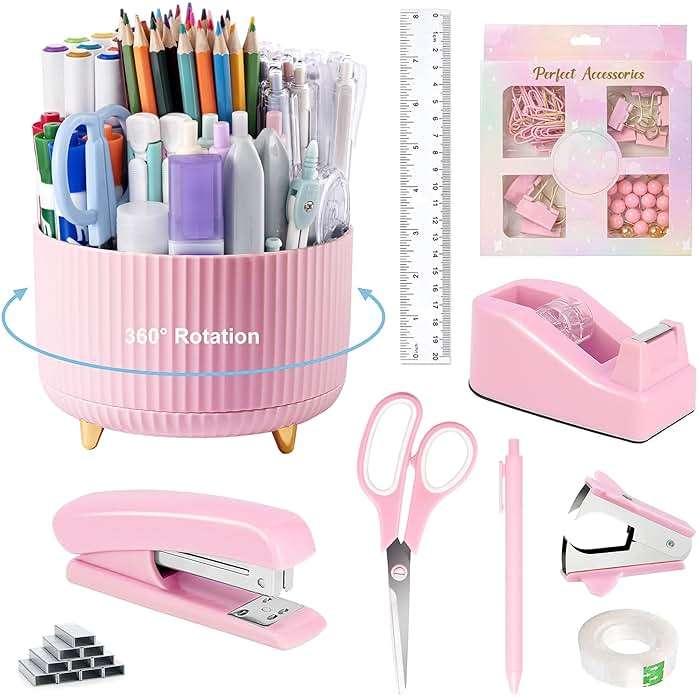 Pink Desk Accessories, Pink Office Supplies Accessories with Tape Dispenser, Stapler, Staple Remover, 1000 Staples, Tape, Clips Set, Ruler, Scissor, Pen - Image 1