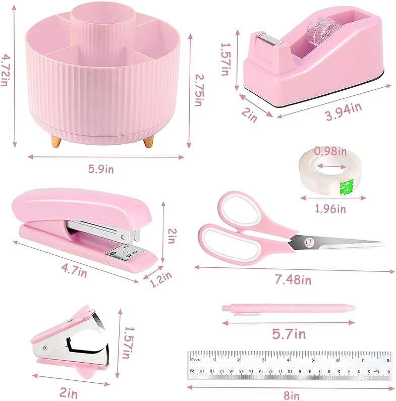 Pink Desk Accessories, Pink Office Supplies Accessories with Tape Dispenser, Stapler, Staple Remover, 1000 Staples, Tape, Clips Set, Ruler, Scissor, Pen - Image 2