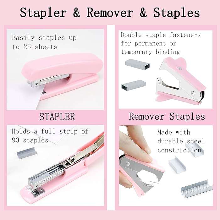 Pink Desk Accessories, Pink Office Supplies Accessories with Tape Dispenser, Stapler, Staple Remover, 1000 Staples, Tape, Clips Set, Ruler, Scissor, Pen - Image 4