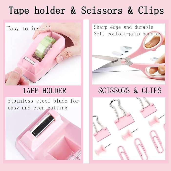 Pink Desk Accessories, Pink Office Supplies Accessories with Tape Dispenser, Stapler, Staple Remover, 1000 Staples, Tape, Clips Set, Ruler, Scissor, Pen - Image 5