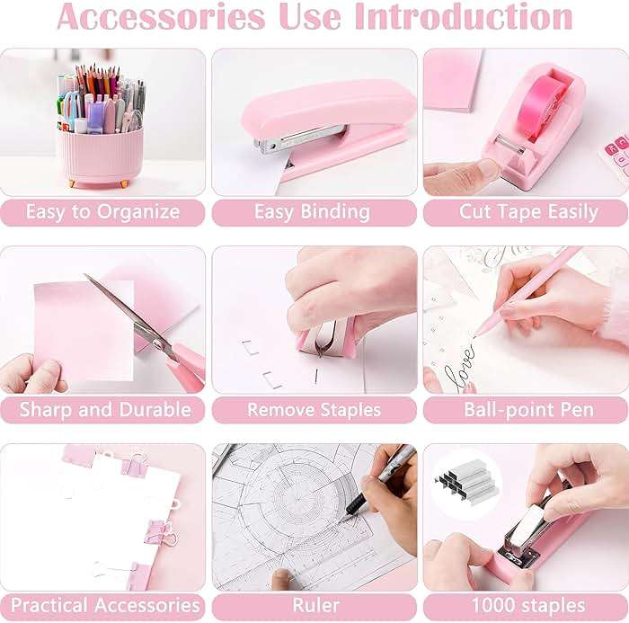 Pink Desk Accessories, Pink Office Supplies Accessories with Tape Dispenser, Stapler, Staple Remover, 1000 Staples, Tape, Clips Set, Ruler, Scissor, Pen - Image 6