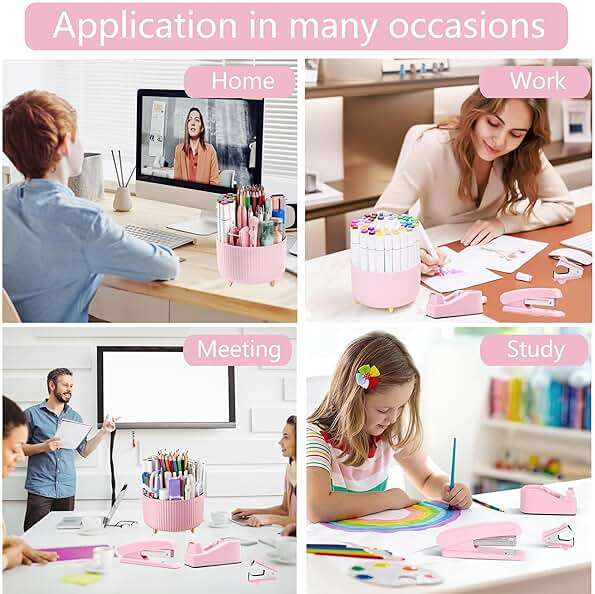 Pink Desk Accessories, Pink Office Supplies Accessories with Tape Dispenser, Stapler, Staple Remover, 1000 Staples, Tape, Clips Set, Ruler, Scissor, Pen - Image 7