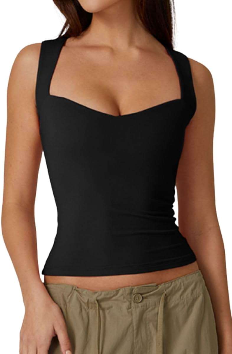 QINSEN Women's Sweetheart Neck Sleeveless Crop Tank Form-Fitting Wide Strap Top for Casual Active Wear - Image 1