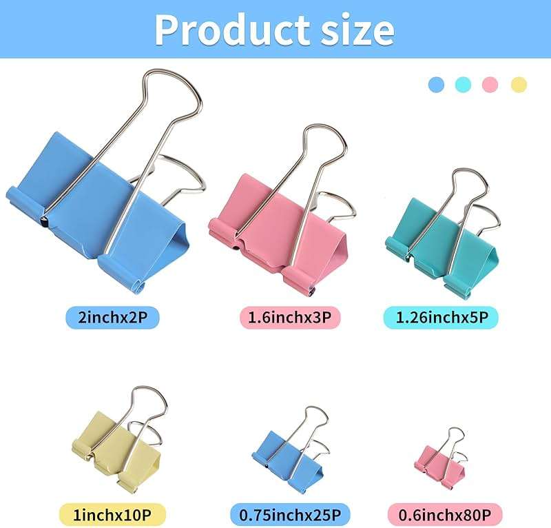 Joyberg 125Pcs Binder Clips Colored, Binder Clips Assorted Sizes, 6 Sizes Binder Paper Clips for Office Supplies/Home/School (Blue, Pink, Yellow, Green) - Image 3