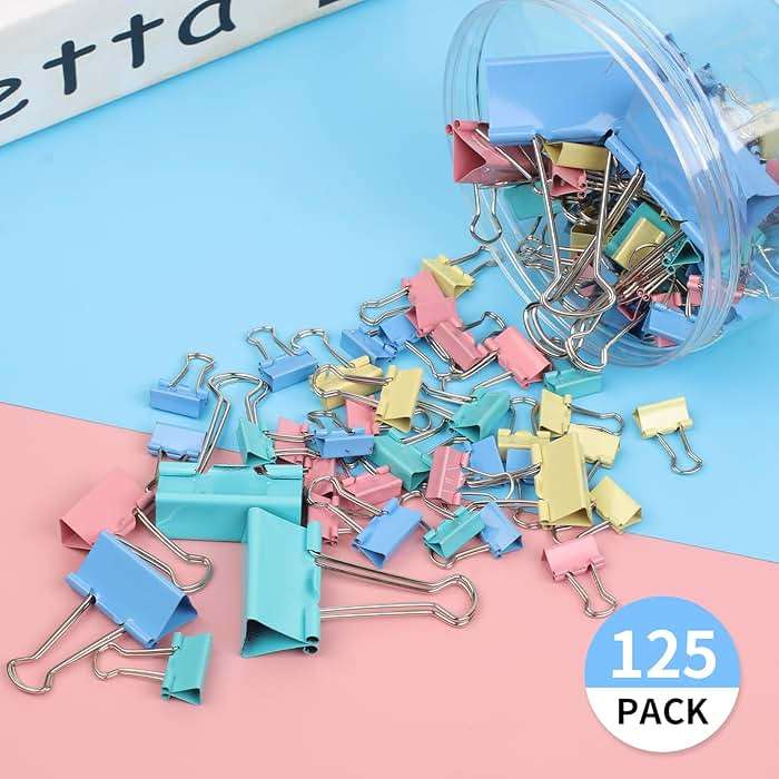 Joyberg 125Pcs Binder Clips Colored, Binder Clips Assorted Sizes, 6 Sizes Binder Paper Clips for Office Supplies/Home/School (Blue, Pink, Yellow, Green) - Image 5