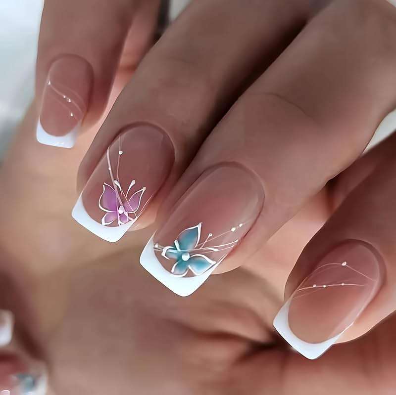 CurvLife Short Press on Nails, 30pcs Acrylic Fake Nails with Design Butterfly Style Full Cover False Nails for Women Reusable Kit with Nail Glue Adhesive Tabs Nail File - Image 1
