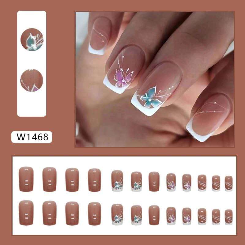 CurvLife Short Press on Nails, 30pcs Acrylic Fake Nails with Design Butterfly Style Full Cover False Nails for Women Reusable Kit with Nail Glue Adhesive Tabs Nail File - Image 2