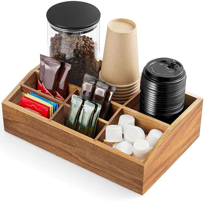 ALELION Acacia Wood Coffee Station Organizer for Countertop - 7 Compartments Coffee Bar Accessories and Organizer with Removable Dividers - Coffee and Tea Condiment storage Organizer - Image 1