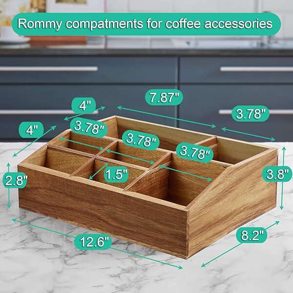 ALELION Acacia Wood Coffee Station Organizer for Countertop - 7 Compartments Coffee Bar Accessories and Organizer with Removable Dividers - Coffee and Tea Condiment storage Organizer - Image 3