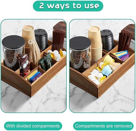 ALELION Acacia Wood Coffee Station Organizer for Countertop - 7 Compartments Coffee Bar Accessories and Organizer with Removable Dividers - Coffee and Tea Condiment storage Organizer - Image 4