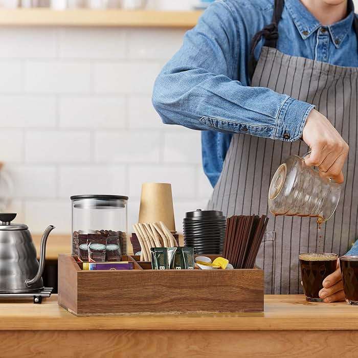 ALELION Acacia Wood Coffee Station Organizer for Countertop - 7 Compartments Coffee Bar Accessories and Organizer with Removable Dividers - Coffee and Tea Condiment storage Organizer - Image 6
