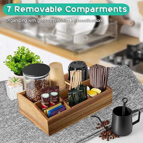 ALELION Acacia Wood Coffee Station Organizer for Countertop - 7 Compartments Coffee Bar Accessories and Organizer with Removable Dividers - Coffee and Tea Condiment storage Organizer - Image 7