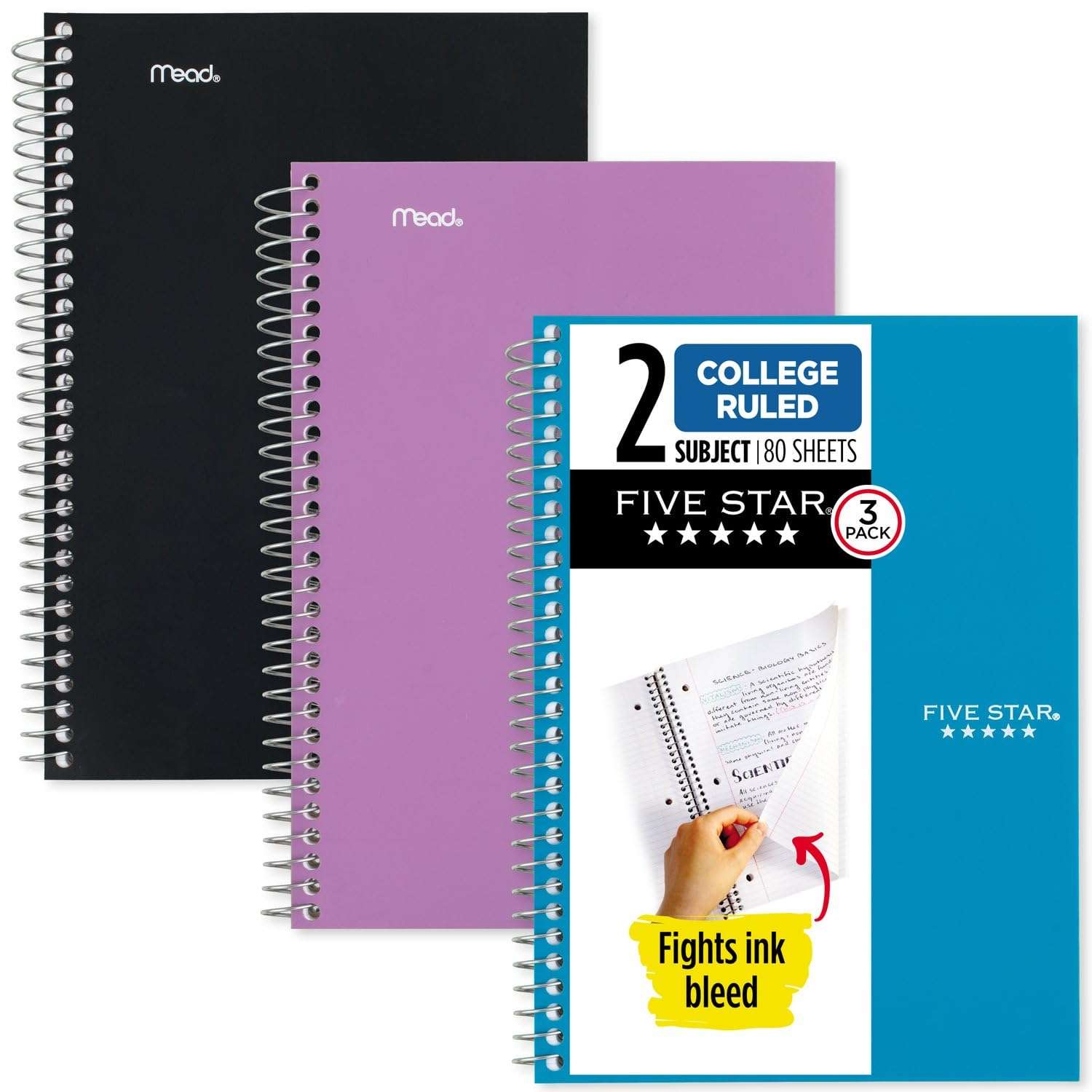 Five Star Spiral Notebooks, 3 Pack, 2 Subject, College Ruled, 9 1/2" x 6", 80 Sheets, Black, Tidewater Blue, Amethyst Purple (840029C-ECM) - Image 1