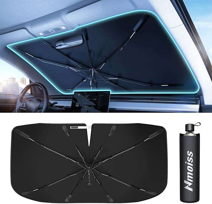 [Upgraded] Nmoiss Windshield Sun Shade Umbrella - [Vinyl Coating Heat Shield] Protect Car from Sun Rays & Heat Damage Keep Cool and Protect Interior, Spring Structure Edge Medium 56" L x 31" W - Image 1