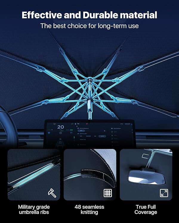 [Upgraded] Nmoiss Windshield Sun Shade Umbrella - [Vinyl Coating Heat Shield] Protect Car from Sun Rays & Heat Damage Keep Cool and Protect Interior, Spring Structure Edge Medium 56" L x 31" W - Image 7