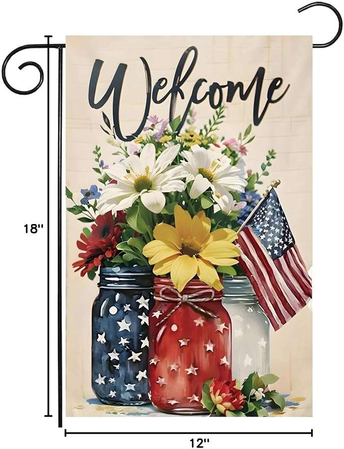 CJYGEGE 4th of July Mason Jar Flowers Summer Garden Flag 12x18, Patriotic Celebration Double-Sided Decorative Burlap Yard Flag for Memorial Day Independence Day Outside Decoration Holiday Festivities - Image 3