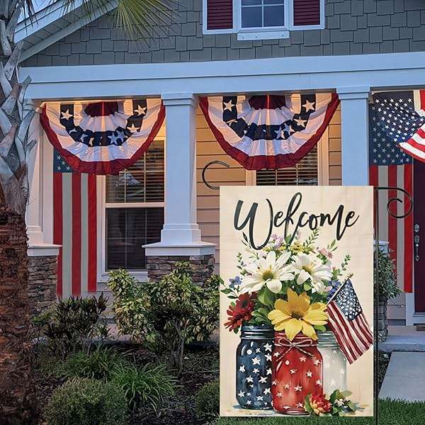 CJYGEGE 4th of July Mason Jar Flowers Summer Garden Flag 12x18, Patriotic Celebration Double-Sided Decorative Burlap Yard Flag for Memorial Day Independence Day Outside Decoration Holiday Festivities - Image 5