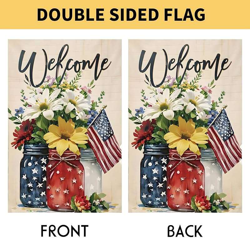 CJYGEGE 4th of July Mason Jar Flowers Summer Garden Flag 12x18, Patriotic Celebration Double-Sided Decorative Burlap Yard Flag for Memorial Day Independence Day Outside Decoration Holiday Festivities - Image 6