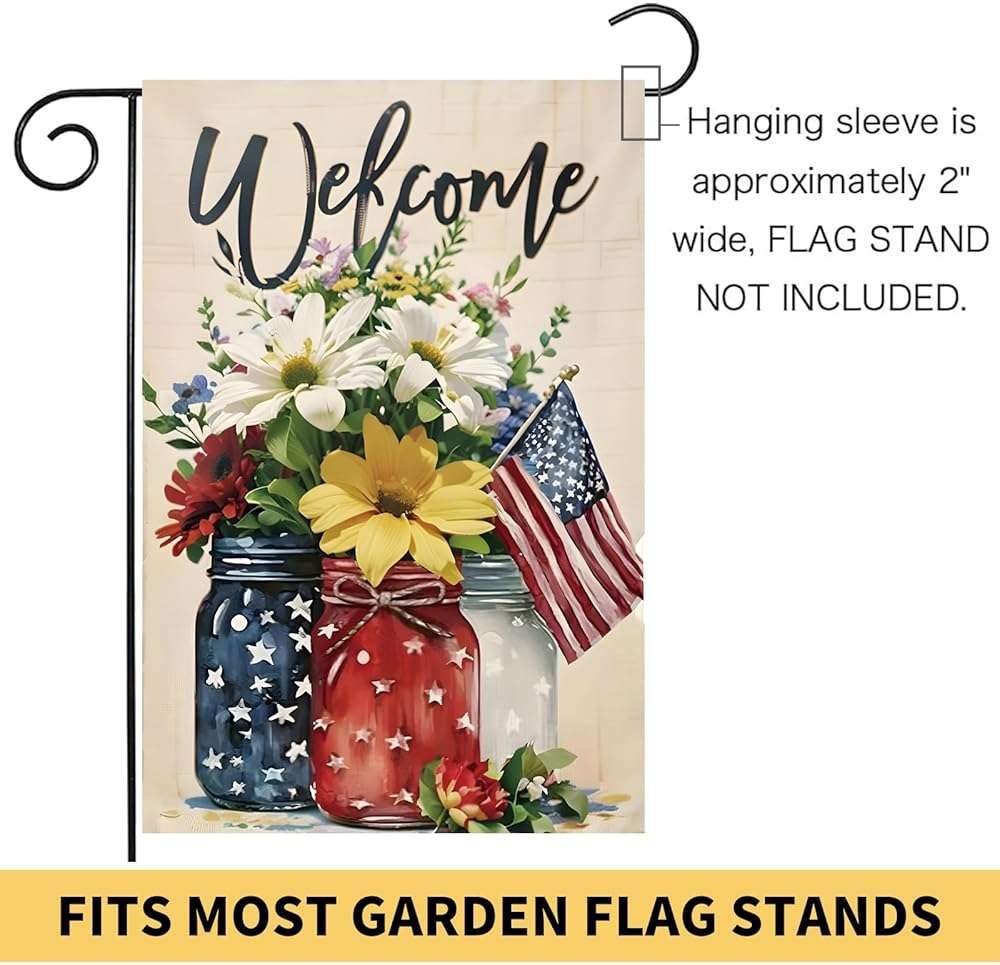 CJYGEGE 4th of July Mason Jar Flowers Summer Garden Flag 12x18, Patriotic Celebration Double-Sided Decorative Burlap Yard Flag for Memorial Day Independence Day Outside Decoration Holiday Festivities - Image 7